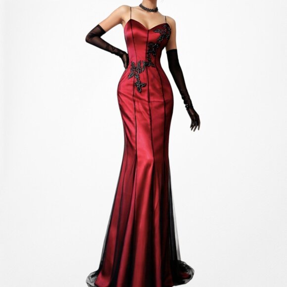 Vintage Y2K Burgundy Red Floral Beaded Embroidered Mesh Bodycon Maxi Prom Dress - Picture 2 of 9